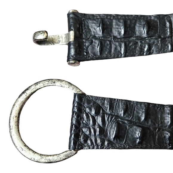 Landes black croc textured leather belt rustic silvery hook & eye buckle size M - Picture 8 of 15